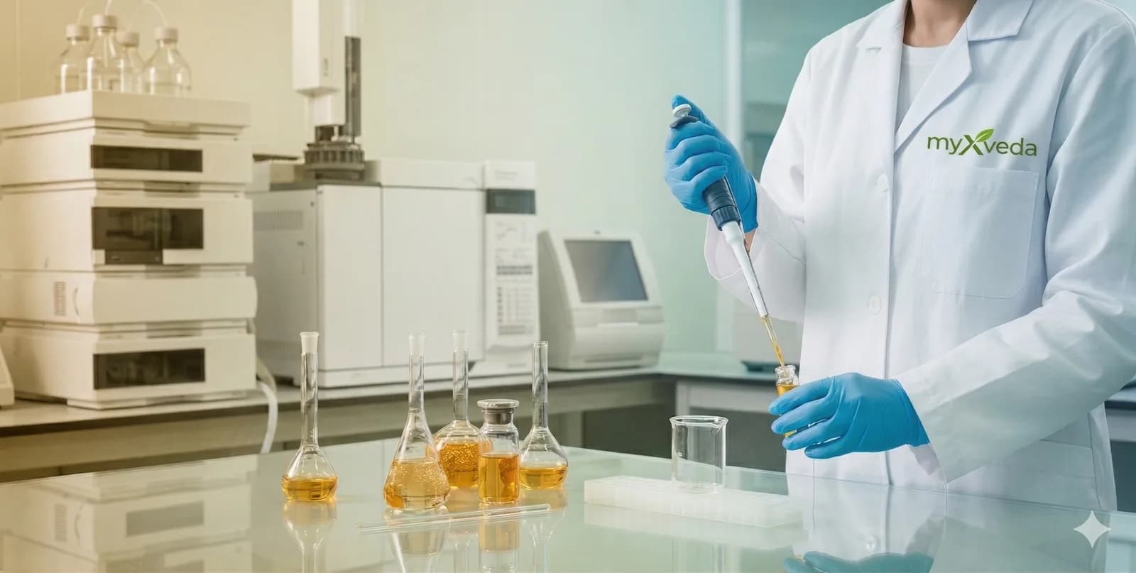 A myxveda scientist in a lab coat pipetting a golden herbal extract into a vial beside volumetric flasks and analytical instruments