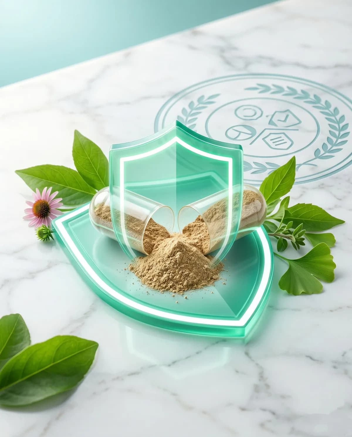 A herbal capsule releasing plant powder behind a glass shield, framed by echinacea, ginkgo and tulsi leaves