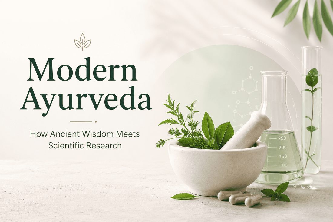 Ayurvedic herbs and laboratory research representing modern Ayurveda and scientific wellness