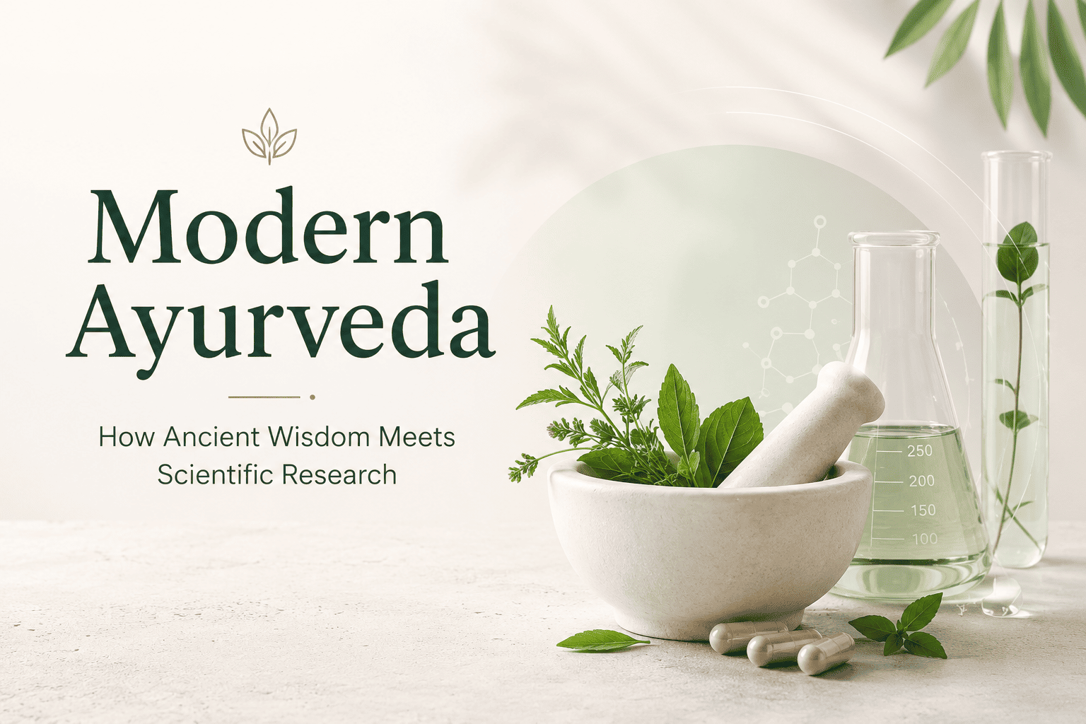 Ayurvedic herbs and laboratory research representing modern Ayurveda and scientific wellness
