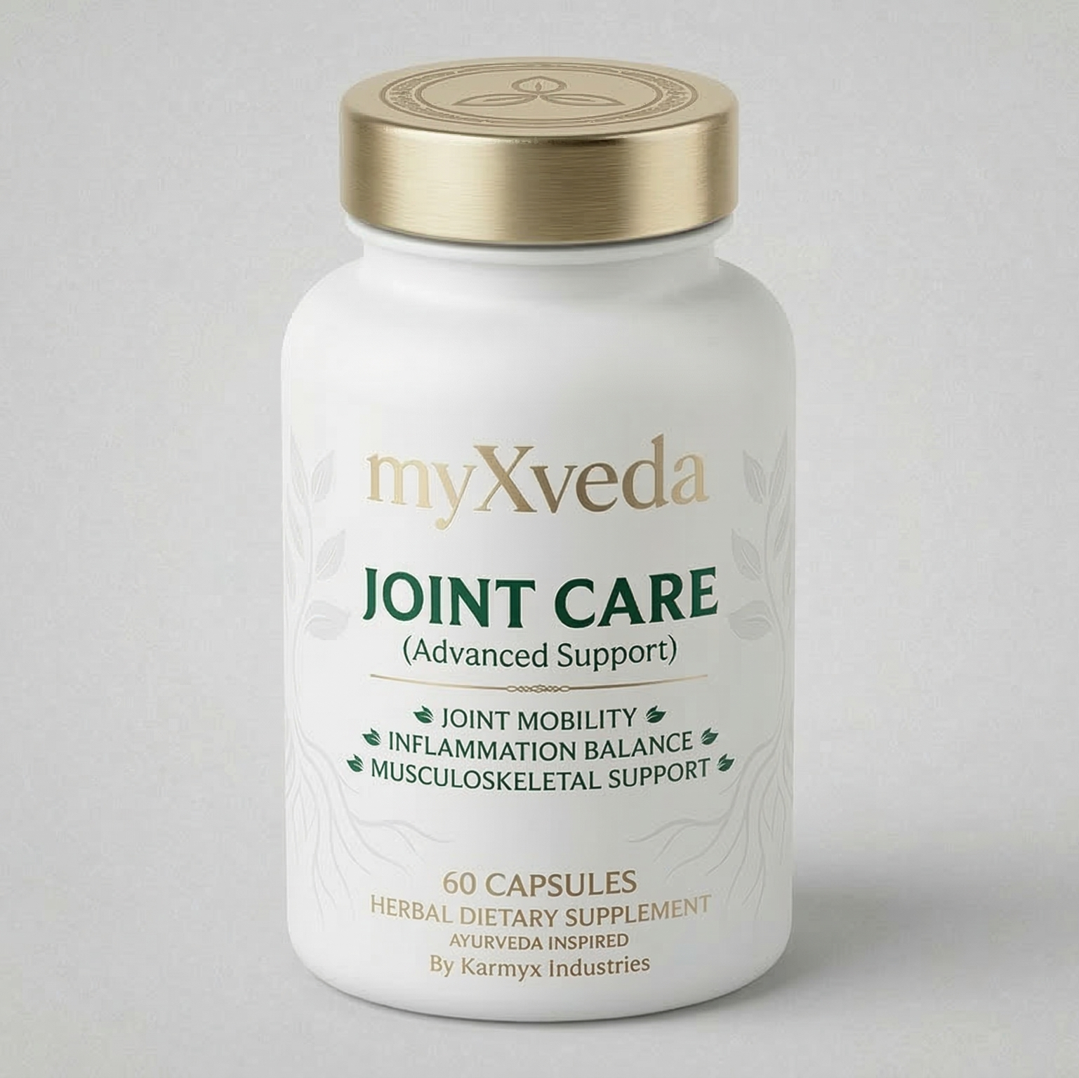 myXveda Joint Care supplement bottle on a light gray background