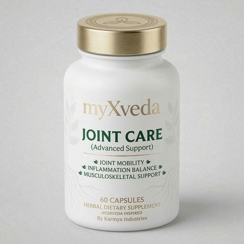 myXveda Joint Care supplement bottle on a light gray background