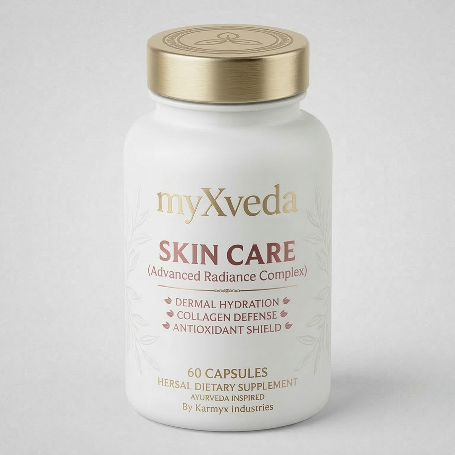 myXveda skin care supplement bottle on a light gray background