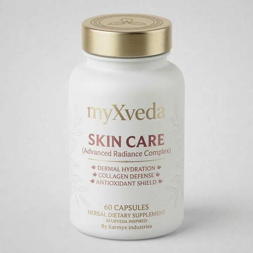 myXveda skin care supplement bottle on a light gray background