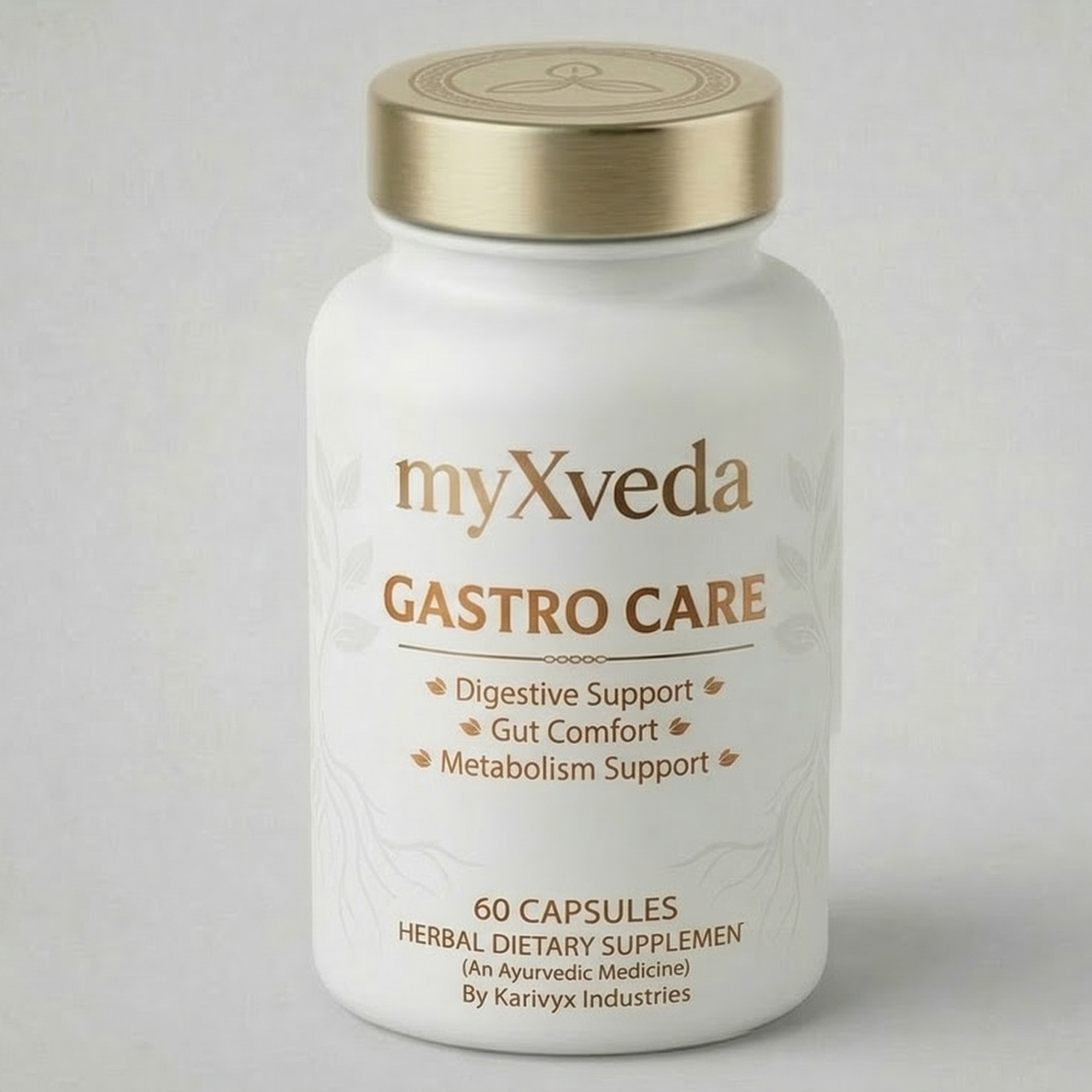 myXveda Gastro Care supplement bottle on a gray background