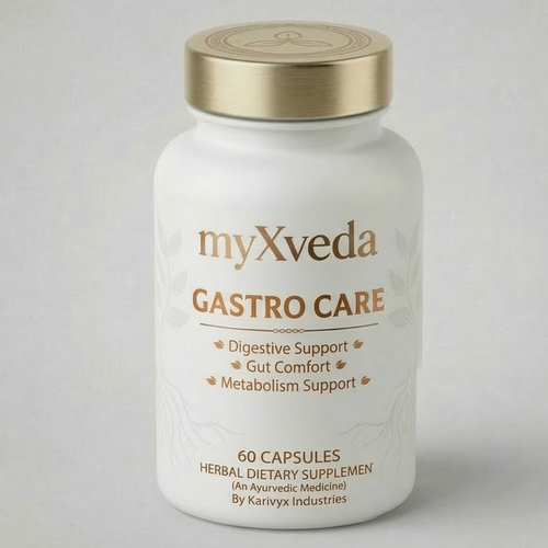 myXveda Gastro Care supplement bottle on a gray background